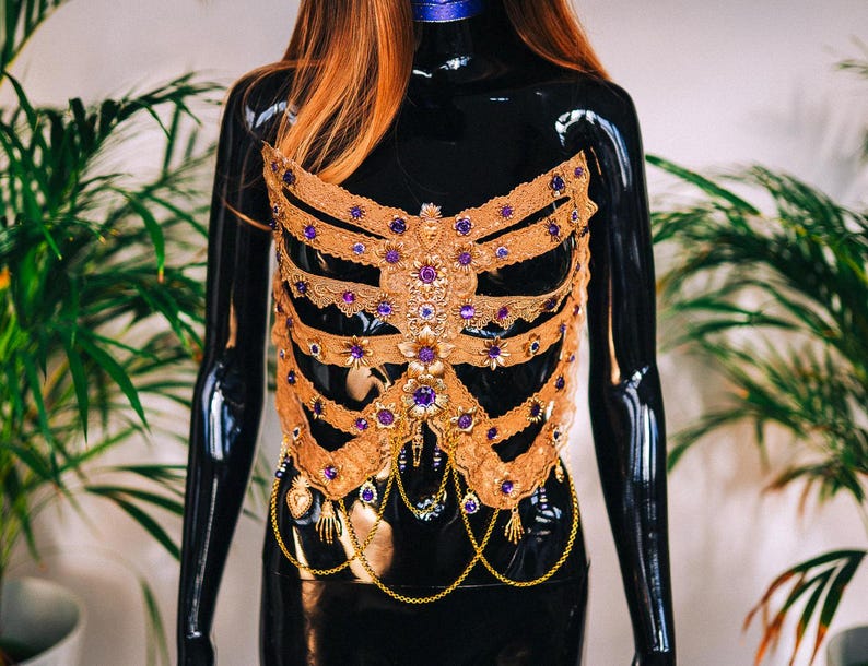 Golden Skeleton Rib Cage Corset, La Catrina Costume, Rhinestone Body Armor image 1