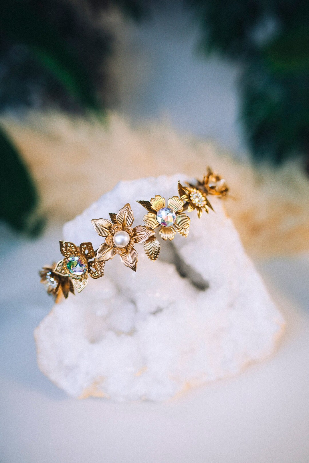Golden Flower Crown, Gold Flower Tiara, Wedding Flower Crown