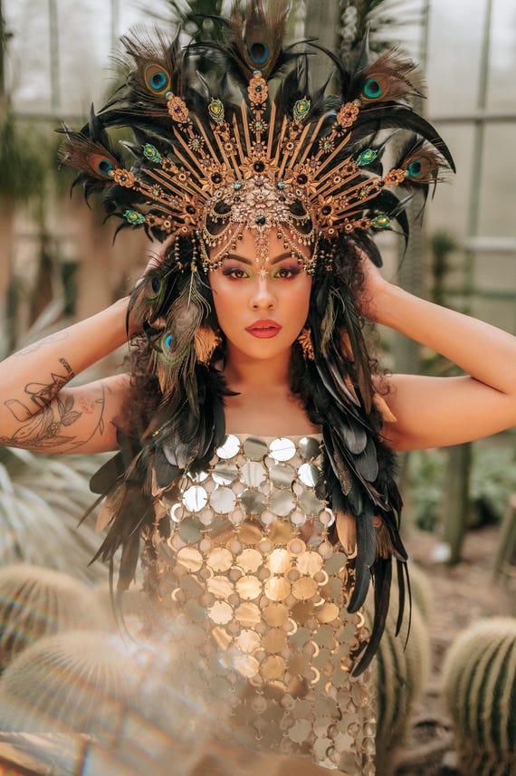 Peacock Feather Crown Gold Filigree Black Headdress Statement Headpiece