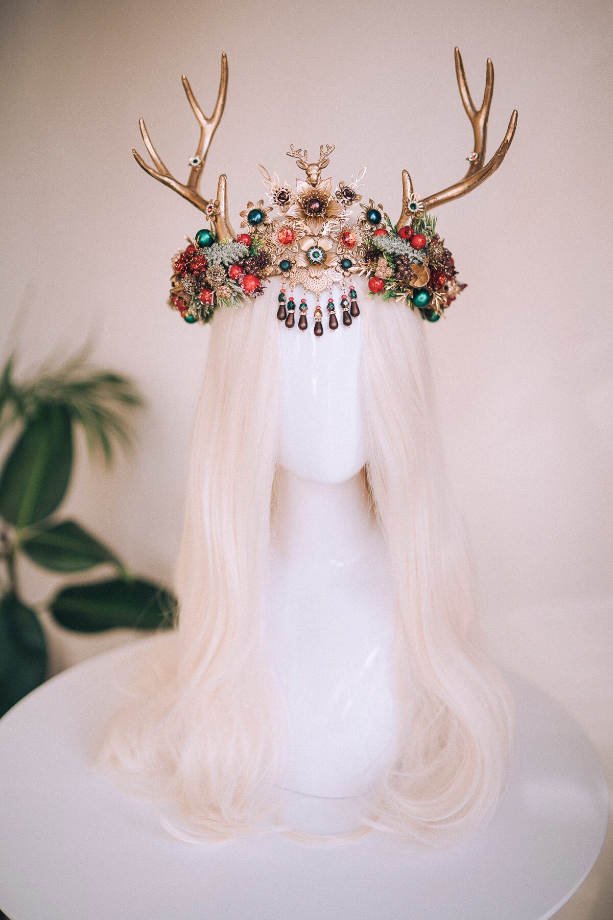 Red Green Antler Crown Festive Deer Tiara Christmas Headpiece