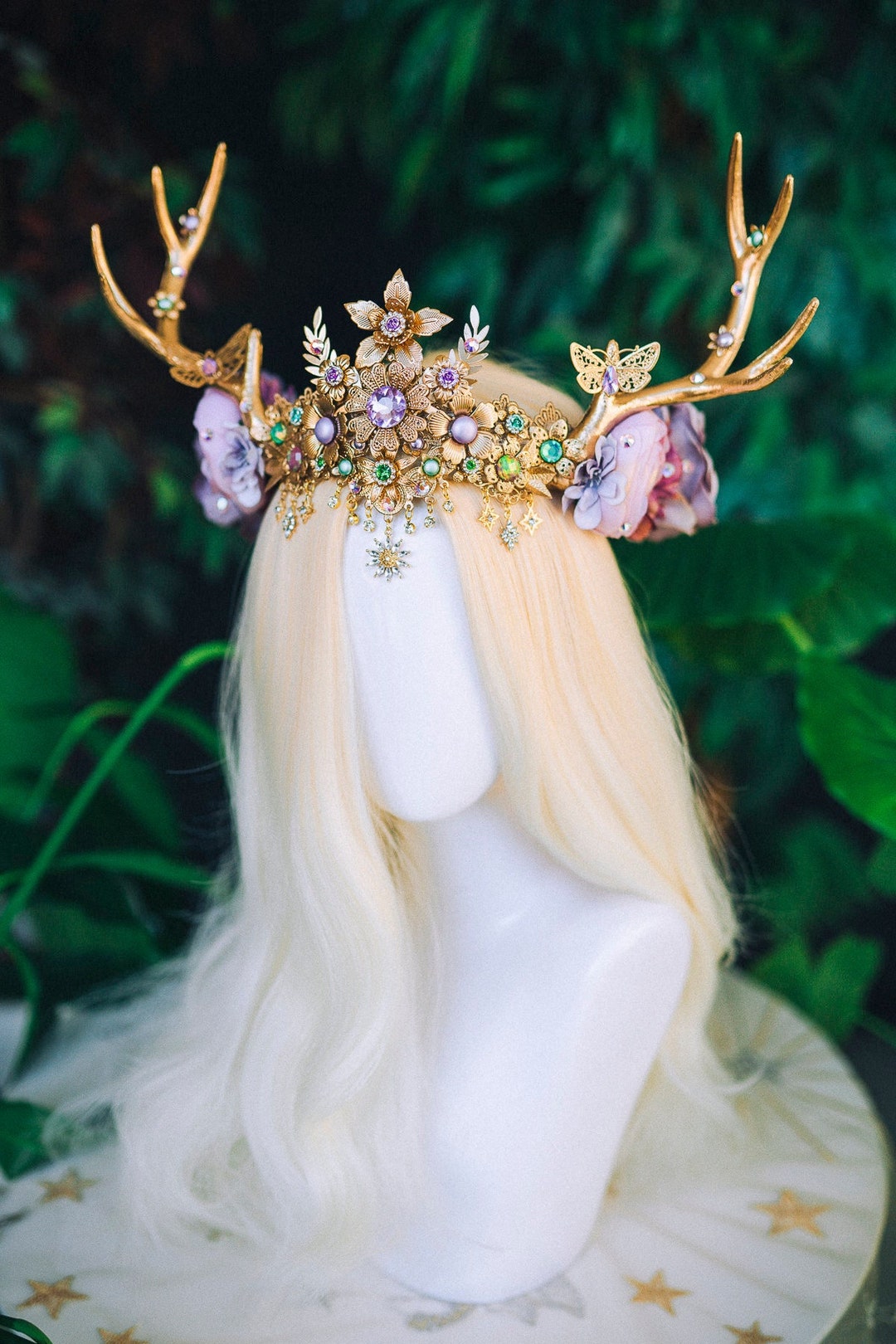 Flower Antlers Headband Deer Horns Lavender Crown Cute Tiara Christmas Party Burning Man
