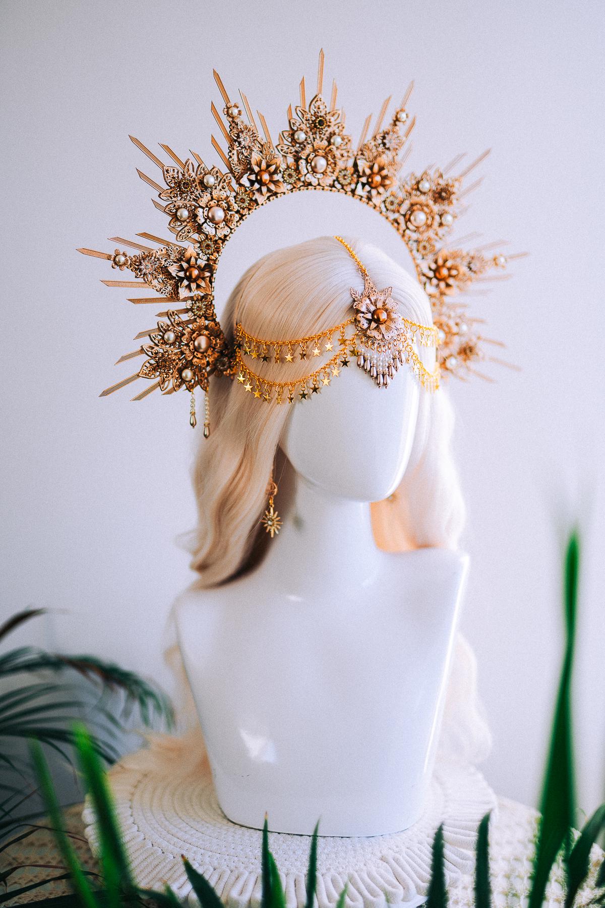 天空のゴールドハロークラウン ブライダル写真撮影用女神ヘッドピース