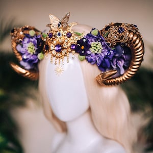 Aries Horn Crown, Purple Floral Ram Tiara, Zodiac Headpiece, Celestial Festival Crown, Fire Sign Horn Crown, Butterfly Moon Tiara, Goddess