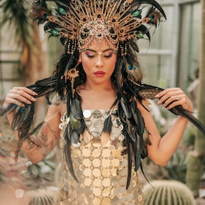 Peacock Feather Crown Gold Filigree Black Headdress Statement Headpiece image 5