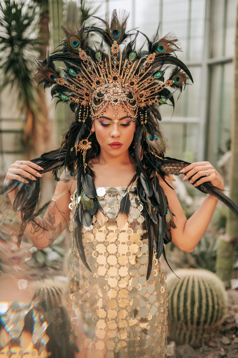 Peacock Feather Crown Gold Filigree Black Headdress Statement Headpiece image 5