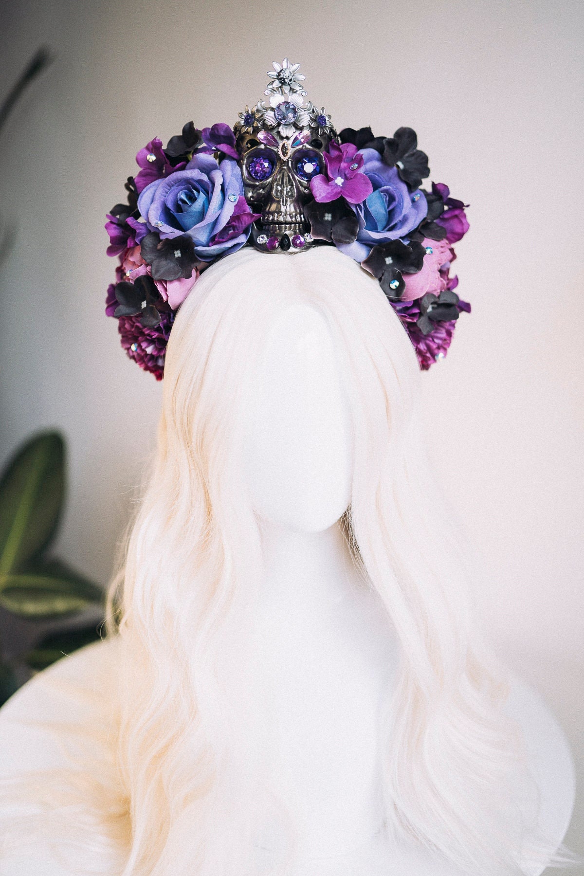 La Catrina crown, purple flower crown, skull tiara, gothic floral headpiece, dia de los muertos, sugar skull crown, statement festival crown