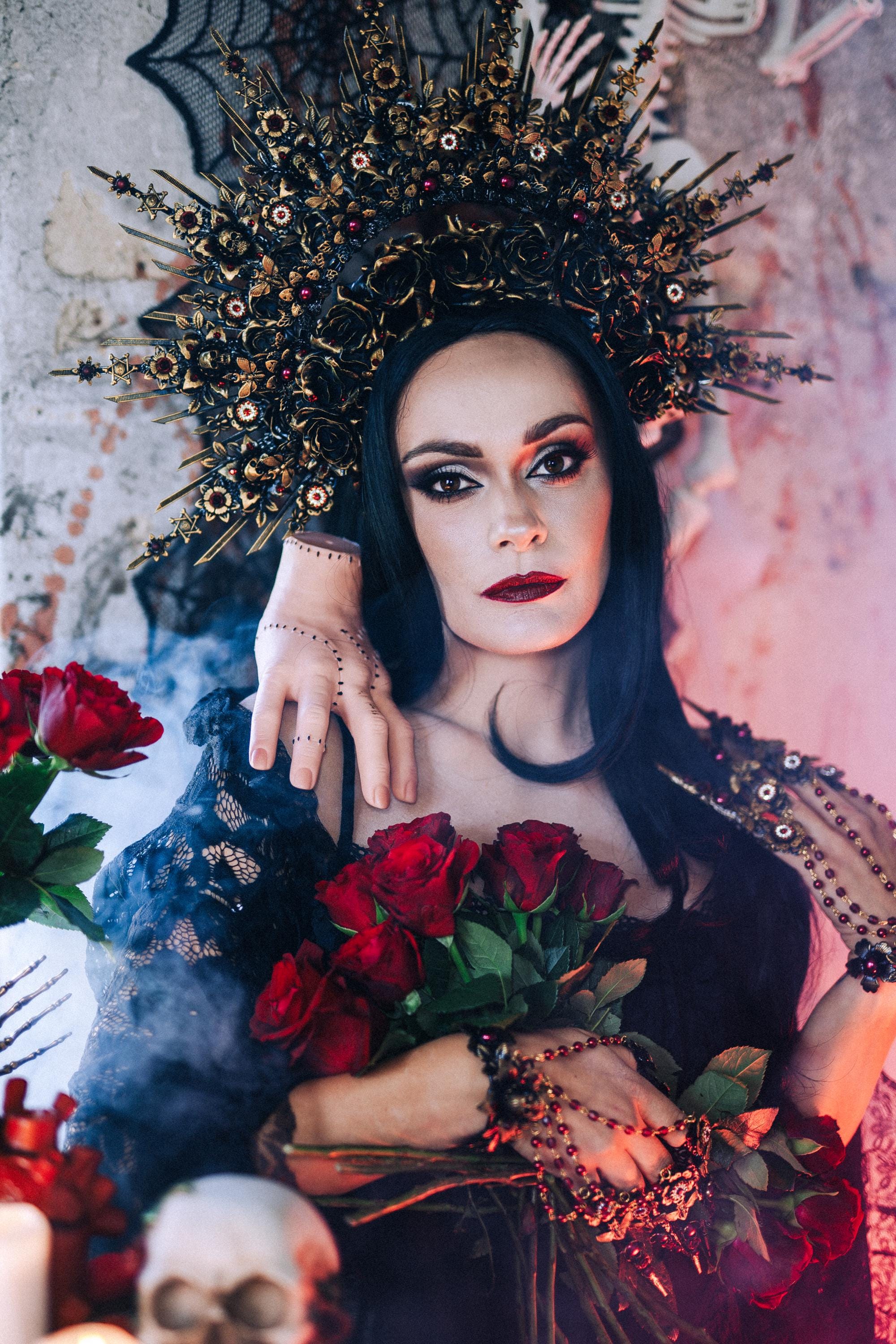 Gothic Morticia Addams Crown Black Red Gold Dark Queen Headpiece Gothic Morticia Addams Crown Black Red Gold Dark Queen Headpiece