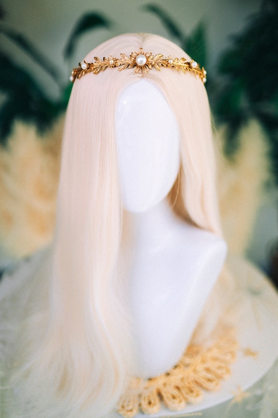Gold Crown Headpiece with Pearl Accents Celestial Gold Halo Crown Bridal Headpiece Pearl Goddess  main image 3