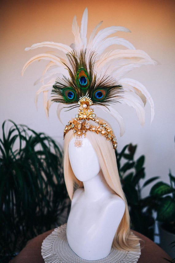 White Peacock Feather Crown, Gold Showgirl Headpiece, Boho  display picture 1