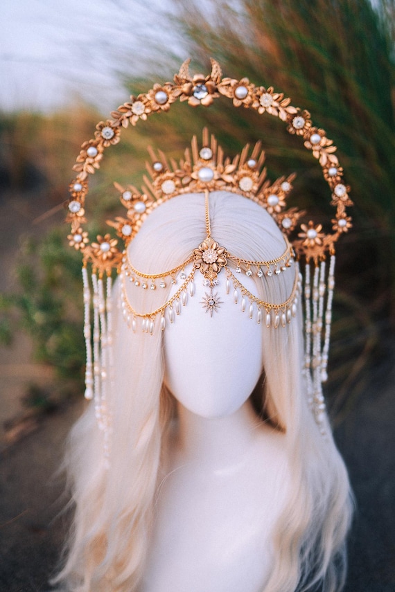 Golden Celestial Halo Crown Star Goddess Bridal Wedding  display picture 2