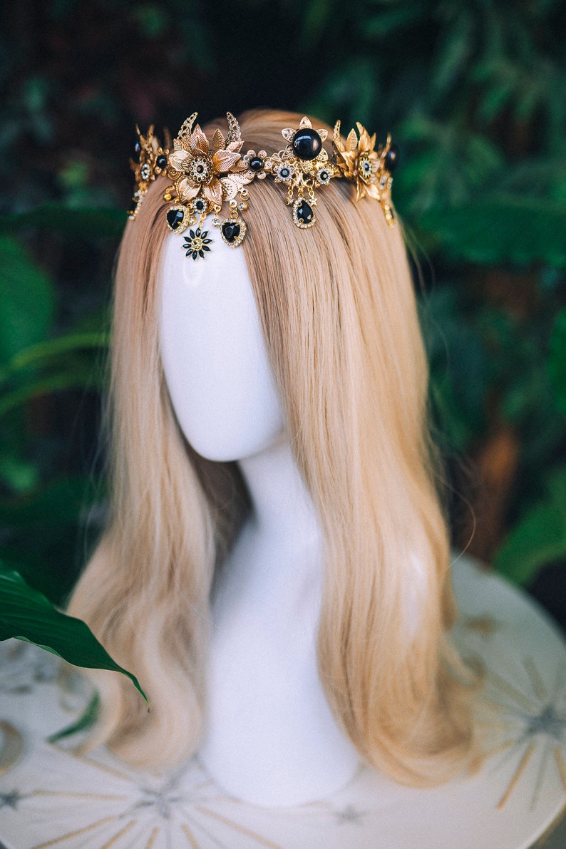 Black Tiara Moon Crown Celestial Gold Tiara Black Headpiece Etsy