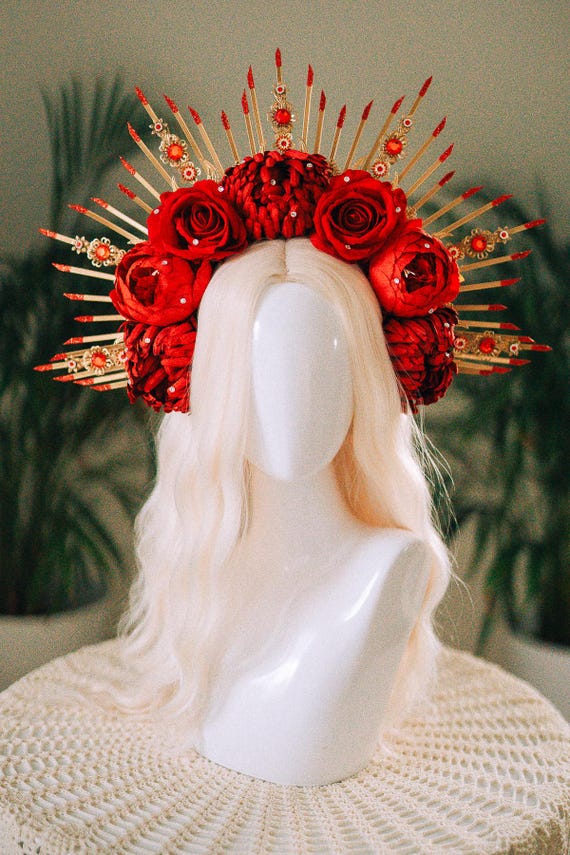 Red Floral Halo Crown Gold Spikes Goddess Headpiece - Etsy display picture 3
