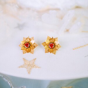 Flower earrings Festival earrings Gold earrings Summer earrings Flower jewellery Wedding accessories Red earrings Bridal earrings Boho zdjęcie 6