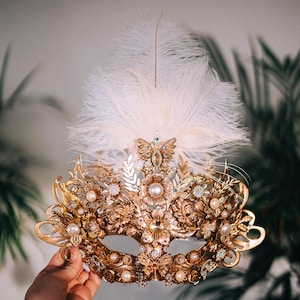 Goldene Göttin Feder Maskerade Maske Perle verschönert Luxus Karneval Accessoire Bild 13
