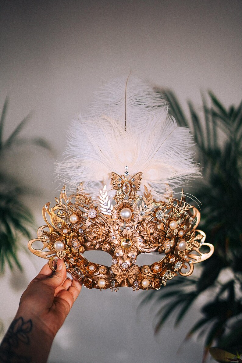 Goldene Göttin Feder Maskerade Maske Perle verschönert Luxus Karneval Accessoire Bild 13