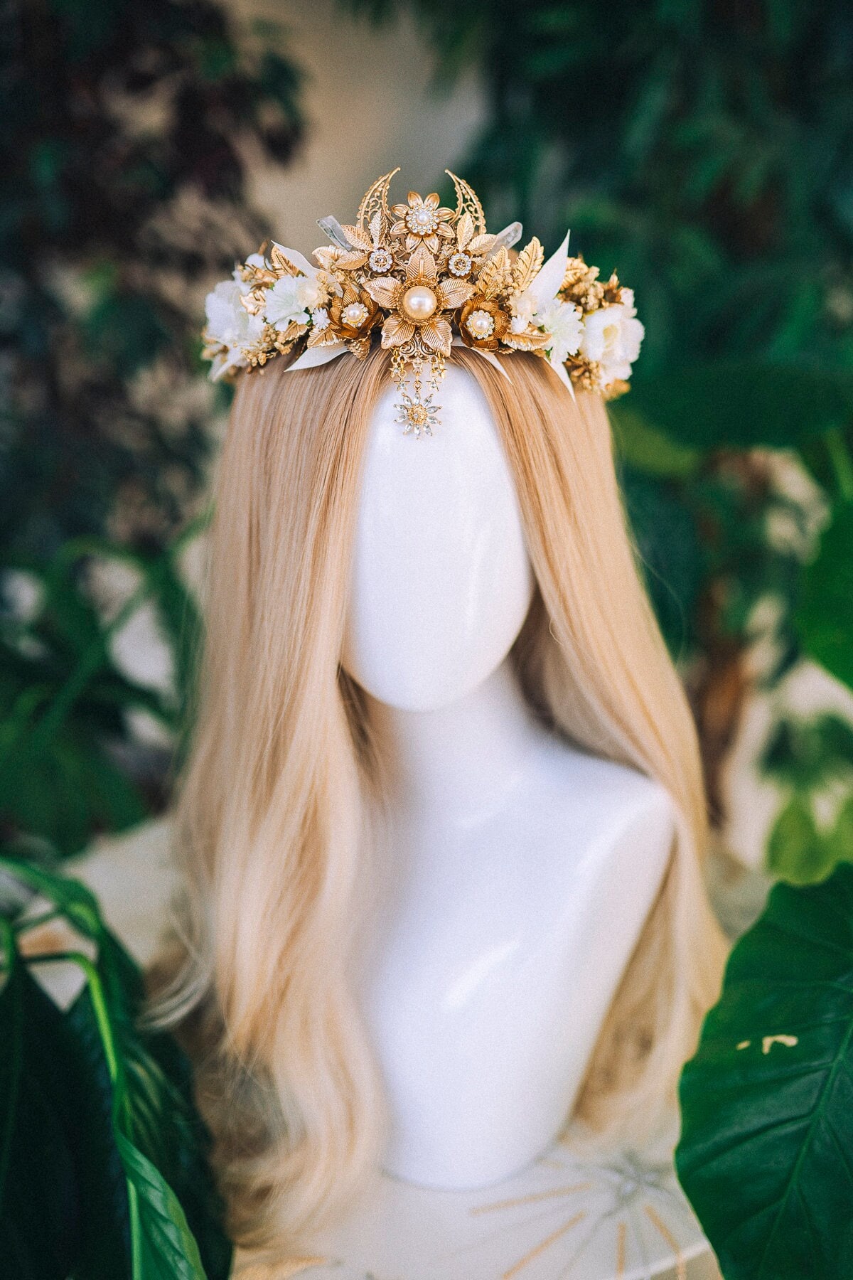 Golden Moon Bridal Crown Celestial Goddess Tiara White Floral
