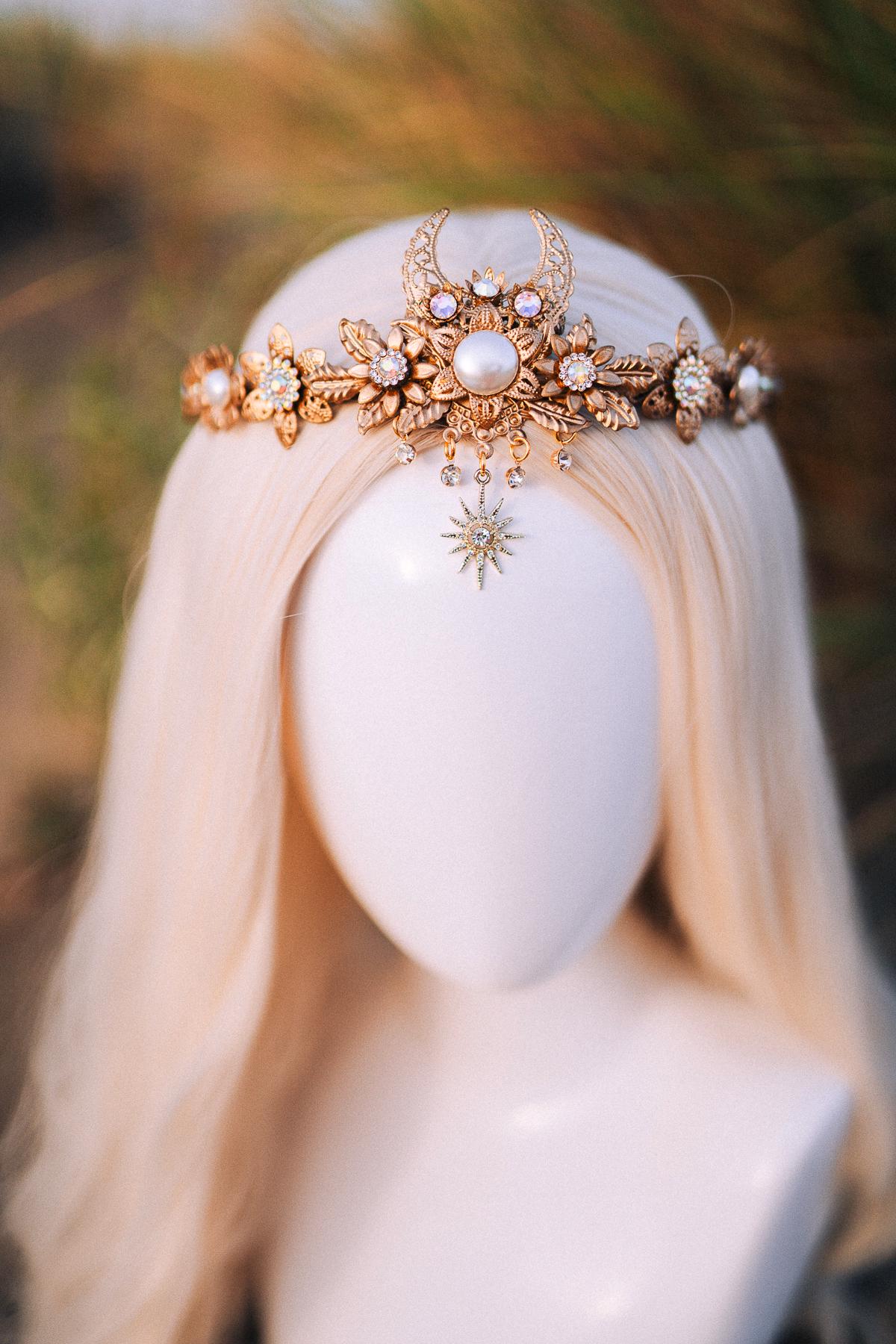 Gold Star Moon Tiara Headpiece Rhinestone Wedding Headband Goddess Hair Gold sun crown Moon Halo Headpiece Bridal Jewellery Wedding  main image 3