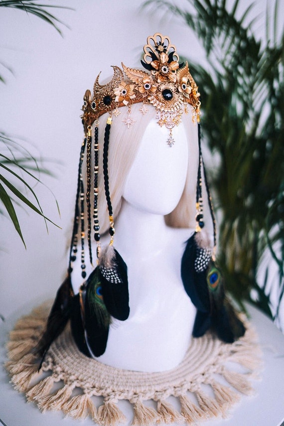 Boho Mystic Peacock Goddess Crown Festival Headpiece