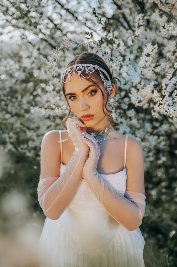 Celestial Crystal Star Crown Halo Silver Celestial Halo Crown Star Bridal Headpiece Crystal  main image 2