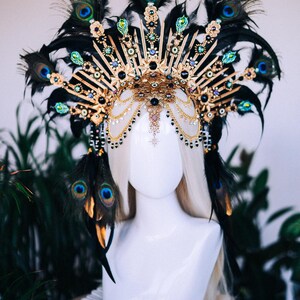 Peacock Feather Crown Gold Filigree Black Headdress Statement Headpiece image 7