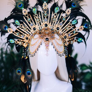 Peacock Feather Crown Gold Filigree Black Headdress Statement Headpiece image 14