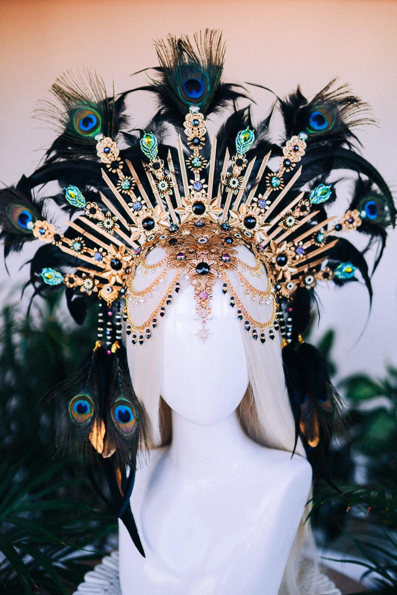 Peacock Feather Crown Gold Filigree Black Headdress Statement Headpiece image 14