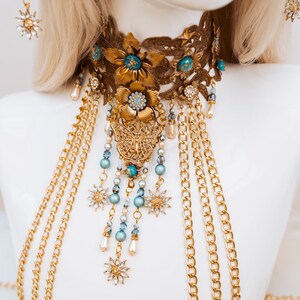 Sky Blue Choker necklace, Gold Choker necklace, Chain Choker necklace, Glamour Choker, Party, Lace necklace, Body Decoration, Photo props image 9