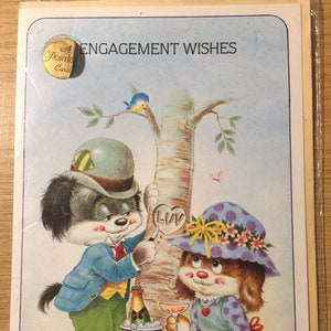 RARE vintage/Retro - Circa 1970s 'Engagement Wishes' Card - Inutilisé - Cute Dog Design - Retro Style - Retro/Dog Lovers - Kitsch Card