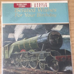 Cartão FABULOSO Raro Vintage/Retro dos anos 80 com design de trem a vapor 'Desejos tardios para seu aniversário' - Ventilador de trem a vapor - Amante de trem - Cartão nostálgico