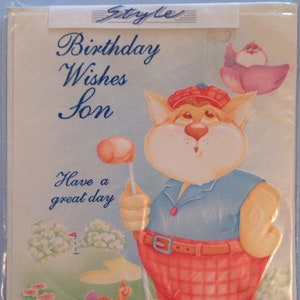 RARE & Unused Vintage/Retro Circa 1980s 'Birthday Wishes Son' Card - Cute Cat Playing Golf Design - Golf Lover - Retro Lover - Funny Card