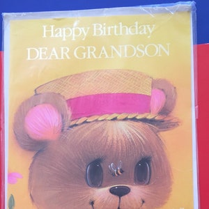 Verdadeiro Vintage/Retro 1960 ou 1970 Grande Feliz Aniversário Querido Neto Cartão em Celofane Original com Envelope