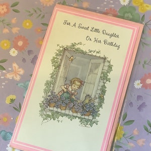 MOLTO RARA Vintage degli anni '70 circa 'Per una dolce piccola figlia nel giorno del suo compleanno' American Greetings Corp.Cartolina d'auguri con design di dolce bambina e gatto