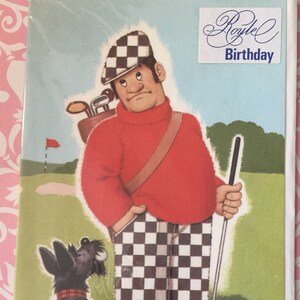 Cartão de aniversário vintage extremamente RARO, por volta dos anos 1960, projetado por Gluckli Kitsch Golfer & Cute Dog Design - Um cartão para guardar/emoldurar - Cartão para fãs de golfe