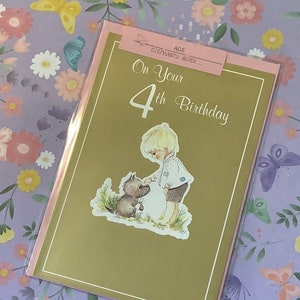 Raro e favoloso biglietto vintage/retrò degli anni '70 "per il tuo 4° compleanno" con un design di ragazzo carino e cane ferito - biglietto nostalgico/kitsch