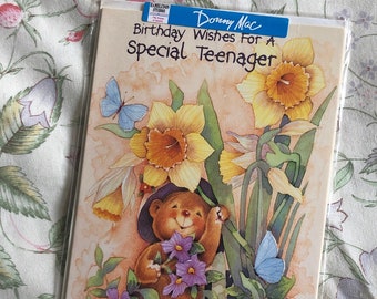 RARE Vintage/Retro 1990s 'Birthday Wishes For A Special Teenager' Card - Cute Bear, Butterflies & Daffodils Design  - Sweet Greeting Inside