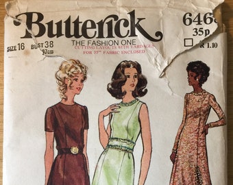 RARE Vintage Uncut 1970s Butterick Pattern No 6468 For Misses' Evening Dress, Tunic and Pants - Size 16 or 38 - Collectable Pattern - Supply