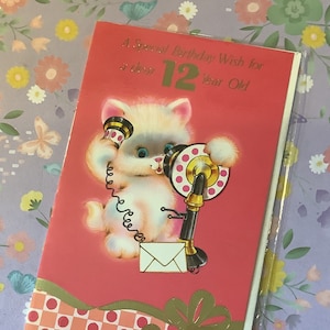 RARE, vintage des années 1980, inutilisé « Un souhait d'anniversaire spécial pour un cher enfant de 12 ans », jolie carte avec un chat à l'aide d'un design de téléphone à l'ancienne