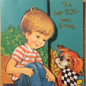 Sehr seltene Vintage Circa 1960er Jahre Geburtstagskarte 'To a kind Son Happy Birthday' Karte - Retro niedlicher Junge und Hund ausgeschnittene Vorderseite! -Retro Loving Son Karte