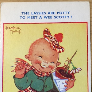 RZADKI zabytkowy egzemplarz z lat 50. XX wieku, nieopublikowany „Beatrice Mallet - The Lassies Are Potty To Meet A Wee Scotty” Kolorowa pocztówka z humorem szkockim, kolekcjonerska