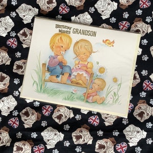 RARE Vintage Circa 1960s 'Birthday Wishes Grandson' Tarjeta grande ADORABLE Lindo diseño para niños y bebés - Verso dulce - Una tarjeta para atesorar