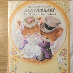 RARE vintage/Retro Circa 1970s 'Meilleurs voeux pour votre anniversaire Chère sœur et son mari' - Retro Cat Design - Sweet Sentimental Verse