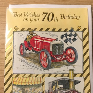 Raro biglietto vintage degli anni '80 "I migliori auguri per il tuo 70° compleanno" con un favoloso design di auto d'epoca - Biglietto per amico amante delle auto classiche/da corsa