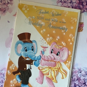 Seltene Vintage/Retro Circa 1970er Jahre 'Herzliche Wünsche an den lieben Sohn und die Frau auf Ihrem Hochzeitstag' Karte - Niedliches Elefanten-Design - Retro-Liebhaber