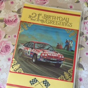 RARE Vintage/Retro Circa 1980s &#39;21st Birthday Greetings&#39; Card -Fabulous Rally Car Design - Rally Car Lover Card -Sweet Verse- Nostalgic Card