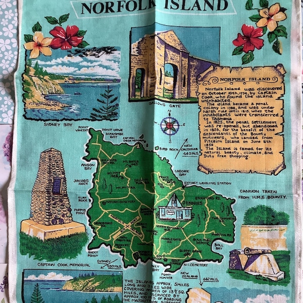 vintage STUNNING Inutilisé 'Norfolk Island' Très grand irish Linen Souvenir Tea Towel - Australie Collectable -Pretty Wall Hanging -Home Decor