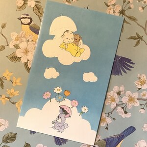 RARA cartolina vintage/retrò degli anni '80 per nuovo neonato - design super carino per neonato e coniglio tra le nuvole - cartolina per amanti vintage - semplice saluto