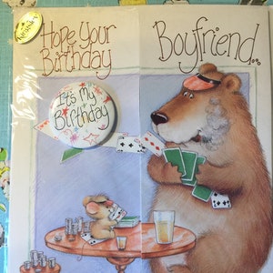 RARO grande vero vintage circa anni '90 biglietto di auguri per il compleanno del fidanzato - simpatico/retrò orso e topo che giocano a poker - biglietto di auguri per il fidanzato fan del poker