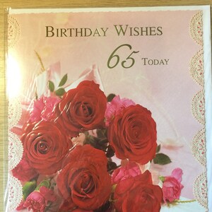 Vintage/retro, jaren 90, grote kaart 'Verjaardagswensen 65 vandaag' - fotokaart Fabulous Red Roses - Sweet vers - Flower Loving Friend Card