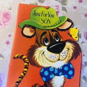 Cartão de aniversário RARE True Vintage/Retro Circa 1960 'Just For You Son' - Design de tigre fofo - Verso doce - Cartão de filho amoroso vintage/tigre