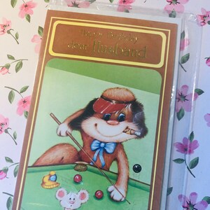 RARO biglietto d'auguri vintage degli anni '70 circa "Buon compleanno caro marito" con design "Pool" e cane che gioca - Nostalgia Billiards Vintage Retro Lover Husband Card